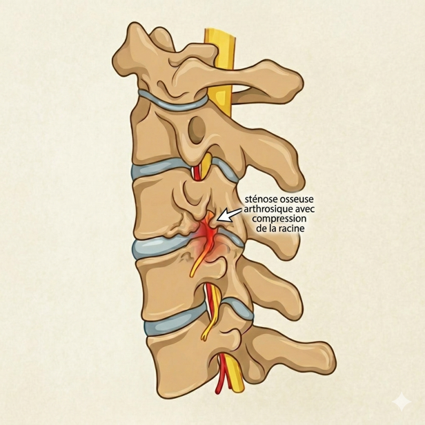 Schéma d’une sténose foraminale due à l’arthrose cervicale, avec compression de la racine nerveuse