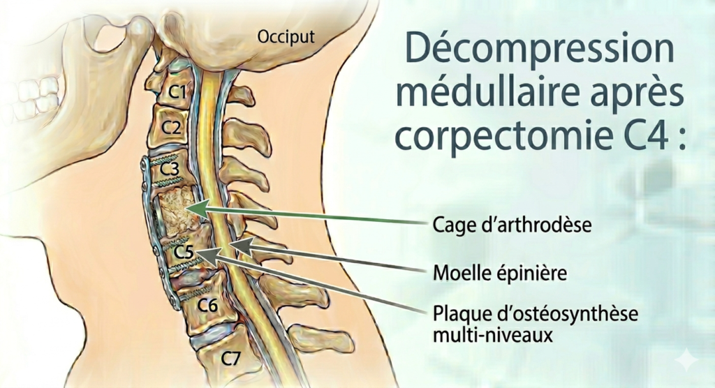 Schéma d’une corporectomie cervicale C4 : décompression de la moelle puis arthrodèse par cage et plaque