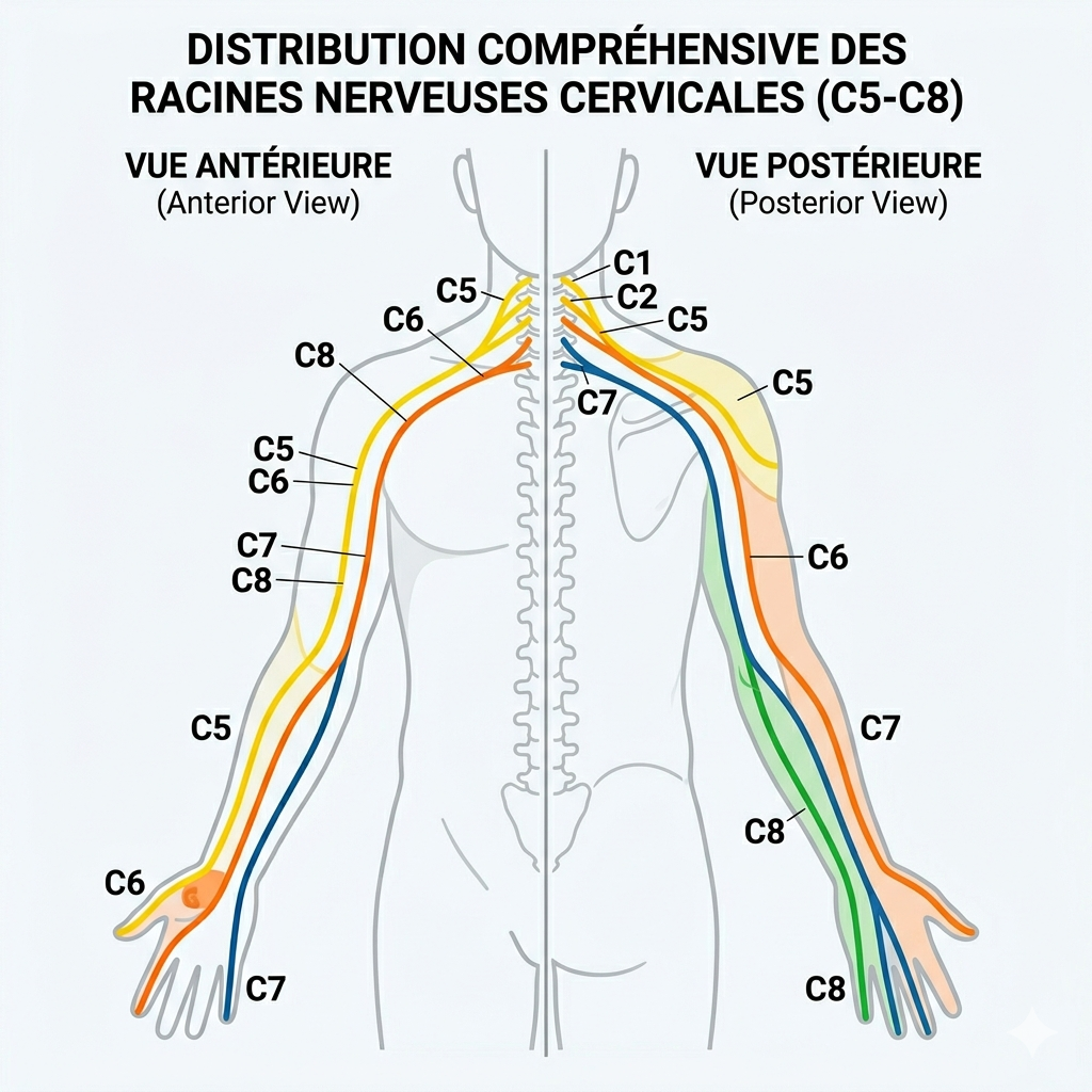 Dermatomes du membre supérieur : trajet des racines nerveuses cervicales C5 à C8 dans le bras et la main