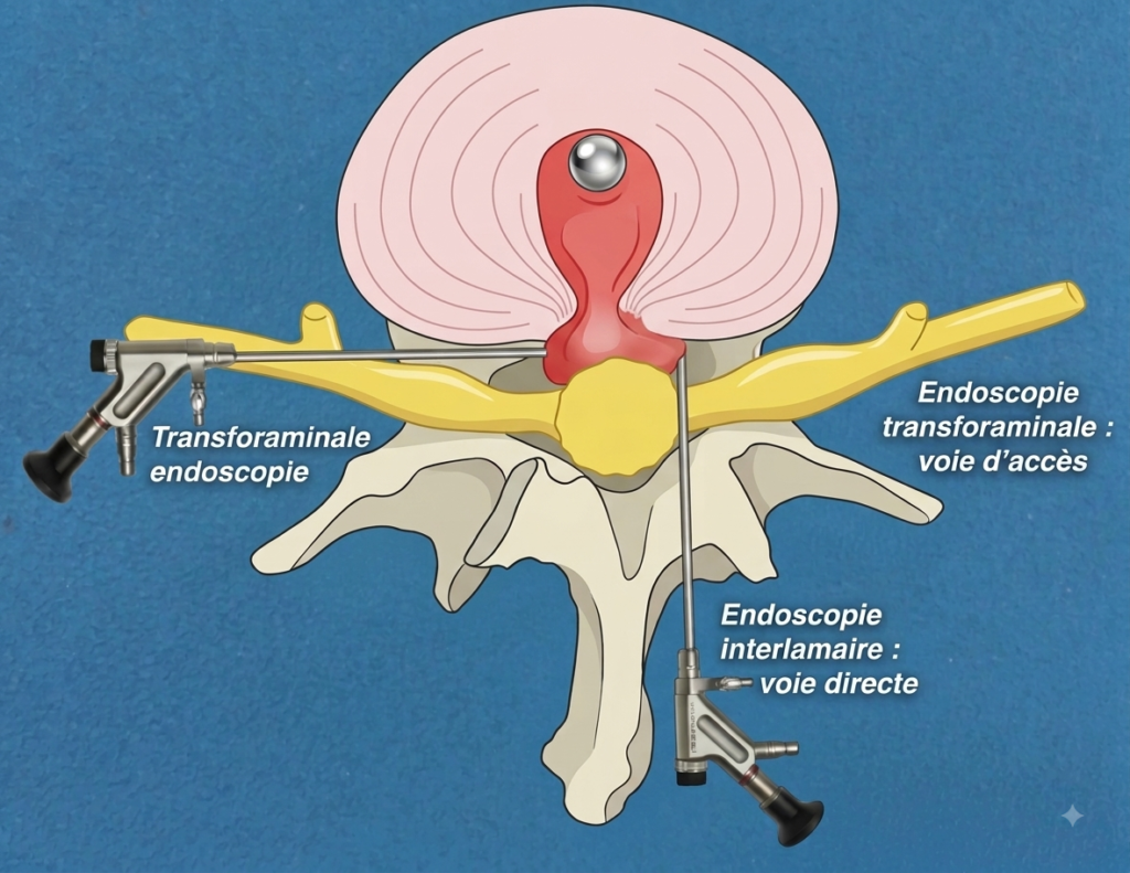 Schéma des voies d’abord en endoscopie du rachis : voie transforaminale et voie interlaminaire