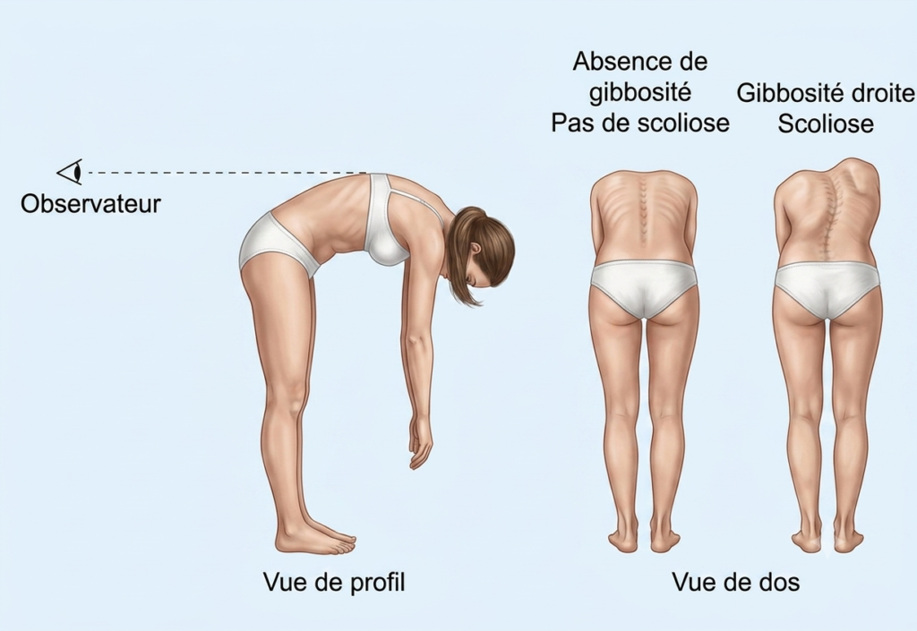 Test d’Adams (flexion du tronc) vu de profil et de dos : absence de gibbosité, puis gibbosité droite révélant une scoliose