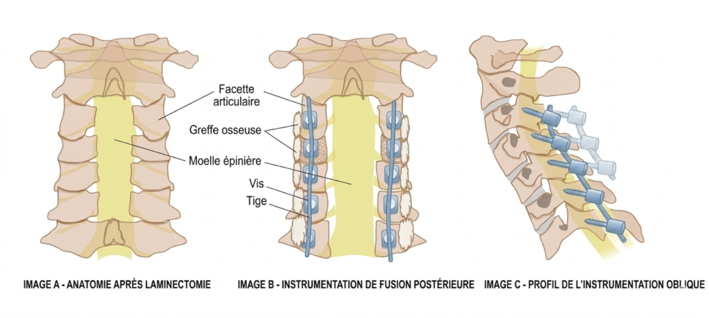 Schémas d’une laminectomie cervicale, puis d’une arthrodèse postérieure par vis et tiges