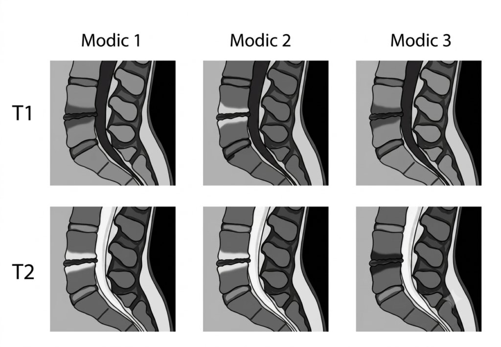 IRM lombaire en séquences T1 et T2 : aspects des discopathies Modic 1, Modic 2 et Modic 3