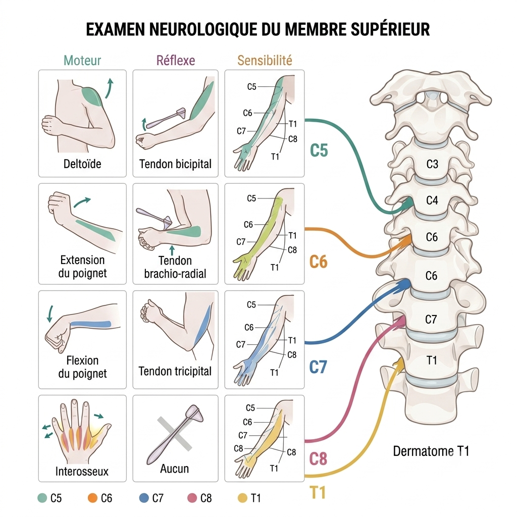 Examen neurologique d’une névralgie cervico-brachiale : motricité, réflexes et sensibilité testés racine par racine
