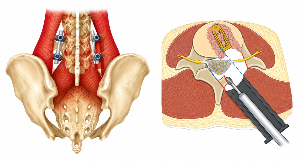 Schéma d’une arthrodèse lombaire mini-invasive TLIF par voie de Wiltse avec vis pédiculaires