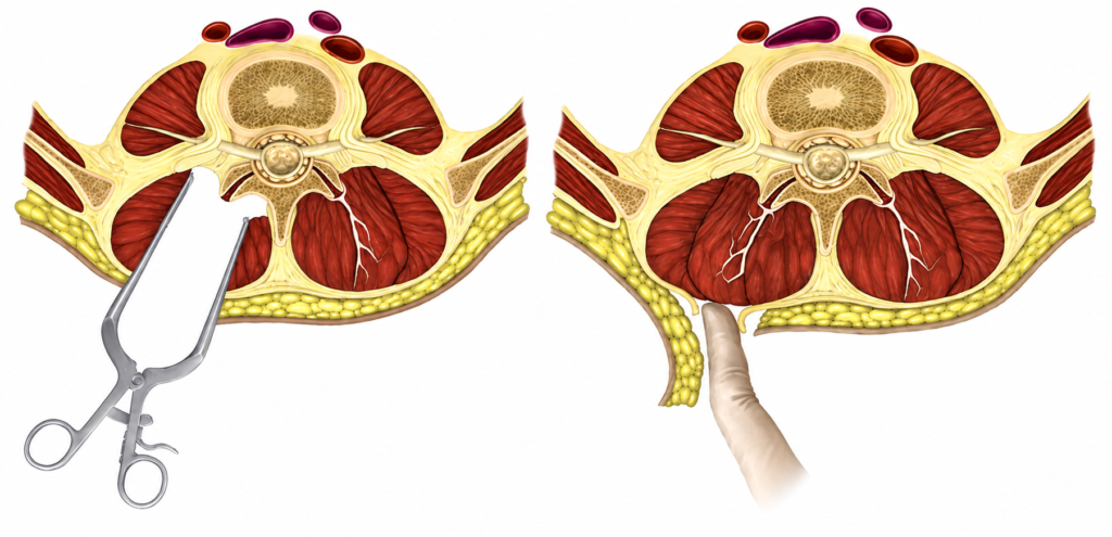 Coupes anatomiques comparant l’écartement musculaire classique et la voie de Wiltse, entre les muscles